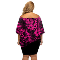 Hawaii Pineapple Off Shoulder Short Dress Paradise Flowers Pacific With Pink Polynesian Tribal LT01 - Polynesian Pride