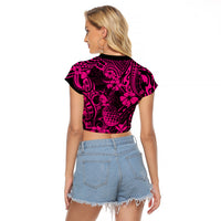 Hawaii Pineapple Raglan Cropped T Shirt Paradise Flowers Pacific With Pink Polynesian Tribal LT01 - Polynesian Pride