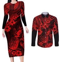 Hawaii Pineapple Couples Matching Long Sleeve Bodycon Dress and Long Sleeve Button Shirts Polynesian Pattern Red Version LT01 Red - Polynesian Pride