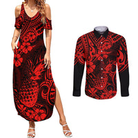 Hawaii Pineapple Couples Matching Summer Maxi Dress and Long Sleeve Button Shirts Polynesian Pattern Red Version LT01 Red - Polynesian Pride