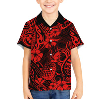Hawaii Pineapple Family Matching Off Shoulder Long Sleeve Dress and Hawaiian Shirt Polynesian Pattern Red Version LT01 Son's Shirt Red - Polynesian Pride