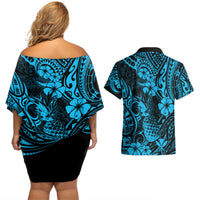 Hawaii Pineapple Couples Matching Off Shoulder Short Dress and Hawaiian Shirt Polynesian Pattern Sky Blue Version LT01 - Polynesian Pride