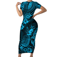 Hawaii Pineapple Short Sleeve Bodycon Dress Polynesian Pattern Sky Blue Version LT01 Long Dress Blue - Polynesian Pride