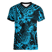 Hawaii Pineapple Women V Neck T Shirt Polynesian Pattern Sky Blue Version LT01 Female Blue - Polynesian Pride