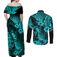 Hawaii Pineapple Couples Matching Off Shoulder Maxi Dress and Long Sleeve Button Shirts Polynesian Pattern Turquoise Version LT01 - Polynesian Pride