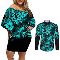 Hawaii Pineapple Couples Matching Off Shoulder Short Dress and Long Sleeve Button Shirts Polynesian Pattern Turquoise Version LT01 Turquoise - Polynesian Pride