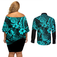 Hawaii Pineapple Couples Matching Off Shoulder Short Dress and Long Sleeve Button Shirts Polynesian Pattern Turquoise Version LT01 - Polynesian Pride