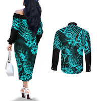 Hawaii Pineapple Couples Matching Off The Shoulder Long Sleeve Dress and Long Sleeve Button Shirts Polynesian Pattern Turquoise Version LT01 - Polynesian Pride