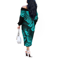 Hawaii Pineapple Off The Shoulder Long Sleeve Dress Polynesian Pattern Turquoise Version LT01 - Polynesian Pride