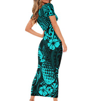 Hawaii Pineapple Short Sleeve Bodycon Dress Polynesian Pattern Turquoise Version LT01 - Polynesian Pride