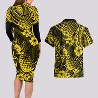 Hawaii Pineapple Couples Matching Long Sleeve Bodycon Dress and Hawaiian Shirt Polynesian Pattern Yellow Version LT01 - Polynesian Pride