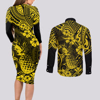 Hawaii Pineapple Couples Matching Long Sleeve Bodycon Dress and Long Sleeve Button Shirts Polynesian Pattern Yellow Version LT01 - Polynesian Pride