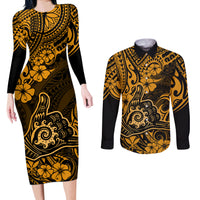 Hawaii Shaka Sign Couples Matching Long Sleeve Bodycon Dress and Long Sleeve Button Shirts With Polynesian Hibiscus Gold Unique LT01 Gold - Polynesian Pride