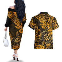Hawaii Shaka Sign Couples Matching Off The Shoulder Long Sleeve Dress and Hawaiian Shirt With Polynesian Hibiscus Gold Unique LT01 - Polynesian Pride