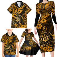 Hawaii Shaka Sign Family Matching Long Sleeve Bodycon Dress and Hawaiian Shirt With Polynesian Hibiscus Gold Unique LT01 - Polynesian Pride