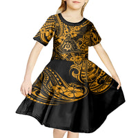 Hawaii Shaka Sign Kid Short Sleeve Dress With Polynesian Hibiscus Gold Unique LT01 - Polynesian Pride