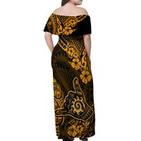 Hawaii Shaka Sign Off Shoulder Maxi Dress With Polynesian Hibiscus Gold Unique LT01 - Polynesian Pride