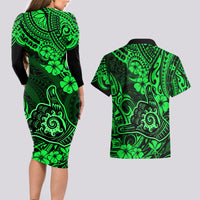 Hawaii Shaka Sign Couples Matching Long Sleeve Bodycon Dress and Hawaiian Shirt With Polynesian Hibiscus Green Unique LT01 - Polynesian Pride