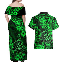 Hawaii Shaka Sign Couples Matching Off Shoulder Maxi Dress and Hawaiian Shirt With Polynesian Hibiscus Green Unique LT01 - Polynesian Pride