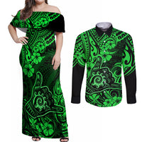 Hawaii Shaka Sign Couples Matching Off Shoulder Maxi Dress and Long Sleeve Button Shirts With Polynesian Hibiscus Green Unique LT01 Green - Polynesian Pride