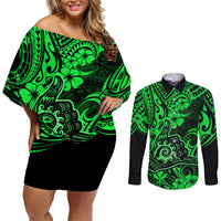 Hawaii Shaka Sign Couples Matching Off Shoulder Short Dress and Long Sleeve Button Shirts With Polynesian Hibiscus Green Unique LT01 Green - Polynesian Pride