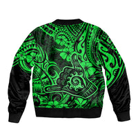 Hawaii Shaka Sign Sleeve Zip Bomber Jacket With Polynesian Hibiscus Green Unique LT01 - Polynesian Pride
