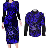Hawaii Shaka Sign Couples Matching Long Sleeve Bodycon Dress and Long Sleeve Button Shirts With Polynesian Hibiscus Navy Blue Unique LT01 Blue - Polynesian Pride