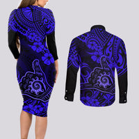 Hawaii Shaka Sign Couples Matching Long Sleeve Bodycon Dress and Long Sleeve Button Shirts With Polynesian Hibiscus Navy Blue Unique LT01 - Polynesian Pride