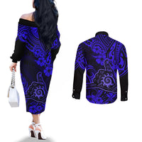 Hawaii Shaka Sign Couples Matching Off The Shoulder Long Sleeve Dress and Long Sleeve Button Shirts With Polynesian Hibiscus Navy Blue Unique LT01 - Polynesian Pride