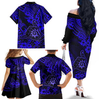 Hawaii Shaka Sign Family Matching Off Shoulder Long Sleeve Dress and Hawaiian Shirt With Polynesian Hibiscus Navy Blue Unique LT01 - Polynesian Pride
