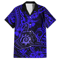 Hawaii Shaka Sign Family Matching Off Shoulder Maxi Dress and Hawaiian Shirt With Polynesian Hibiscus Navy Blue Unique LT01 Dad's Shirt - Short Sleeve Blue - Polynesian Pride