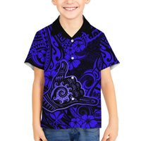 Hawaii Shaka Sign Family Matching Short Sleeve Bodycon Dress and Hawaiian Shirt With Polynesian Hibiscus Navy Blue Unique LT01 Son's Shirt Blue - Polynesian Pride