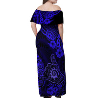 Hawaii Shaka Sign Off Shoulder Maxi Dress With Polynesian Hibiscus Navy Blue Unique LT01 - Polynesian Pride