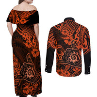 Hawaii Shaka Sign Couples Matching Off Shoulder Maxi Dress and Long Sleeve Button Shirts With Polynesian Hibiscus Orange Unique LT01 - Polynesian Pride