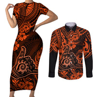 Hawaii Shaka Sign Couples Matching Short Sleeve Bodycon Dress and Long Sleeve Button Shirts With Polynesian Hibiscus Orange Unique LT01 Orange - Polynesian Pride