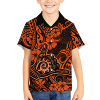 Hawaii Shaka Sign Family Matching Off Shoulder Short Dress and Hawaiian Shirt With Polynesian Hibiscus Orange Unique LT01 Son's Shirt Orange - Polynesian Pride