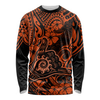 Hawaii Shaka Sign Long Sleeve Shirt With Polynesian Hibiscus Orange Unique LT01 Unisex Orange - Polynesian Pride