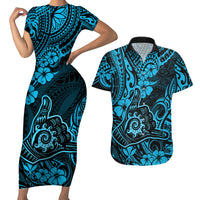 Hawaii Shaka Sign Couples Matching Short Sleeve Bodycon Dress and Hawaiian Shirt Polynesian Pattern Sky Blue Version LT01 Blue - Polynesian Pride