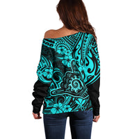 Hawaii Shaka Sign Off Shoulder Sweater Polynesian Pattern Turquoise Version LT01 - Polynesian Pride