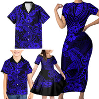 Hawaii Shark Family Matching Short Sleeve Bodycon Dress and Hawaiian Shirt Polynesian Pattern Navy Blue Version LT01 - Polynesian Pride