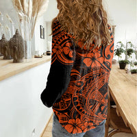 Hawaii Shark Women Casual Shirt Polynesian Pattern Orange Version LT01 - Polynesian Pride