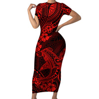 Hawaii Shark Short Sleeve Bodycon Dress Polynesian Pattern Red Version LT01 Long Dress Red - Polynesian Pride