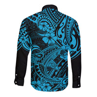 Hawaii Shark Long Sleeve Button Shirt Polynesian Pattern Sky Blue Version LT01 - Polynesian Pride