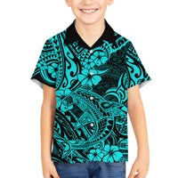 Hawaii Shark Family Matching Long Sleeve Bodycon Dress and Hawaiian Shirt Polynesian Pattern Turquoise Version LT01 Son's Shirt Turquoise - Polynesian Pride