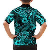 Hawaii Shark Family Matching Off Shoulder Long Sleeve Dress and Hawaiian Shirt Polynesian Pattern Turquoise Version LT01 - Polynesian Pride