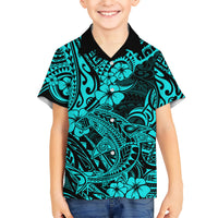 Hawaii Shark Hawaiian Shirt Polynesian Pattern Turquoise Version LT01 - Polynesian Pride