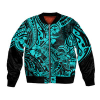 Hawaii Shark Sleeve Zip Bomber Jacket Polynesian Pattern Turquoise Version LT01 Unisex Turquoise - Polynesian Pride