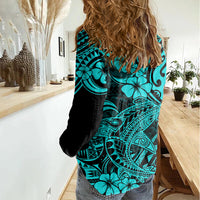 Hawaii Shark Women Casual Shirt Polynesian Pattern Turquoise Version LT01 - Polynesian Pride