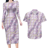 Pua Kalaunu Lei Couples Matching Long Sleeve Bodycon Dress and Hawaiian Shirt Palaka Pattern LT01 Purple - Polynesian Pride