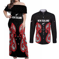 Custom Rugby New Zealand Couples Matching Off Shoulder Maxi Dress and Long Sleeve Button Shirt Baby Black Go Champions LT01 Black - Polynesian Pride